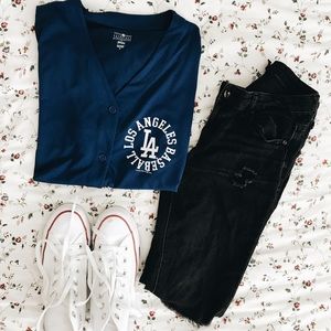 Blue and white LA Dodgers button up jersey